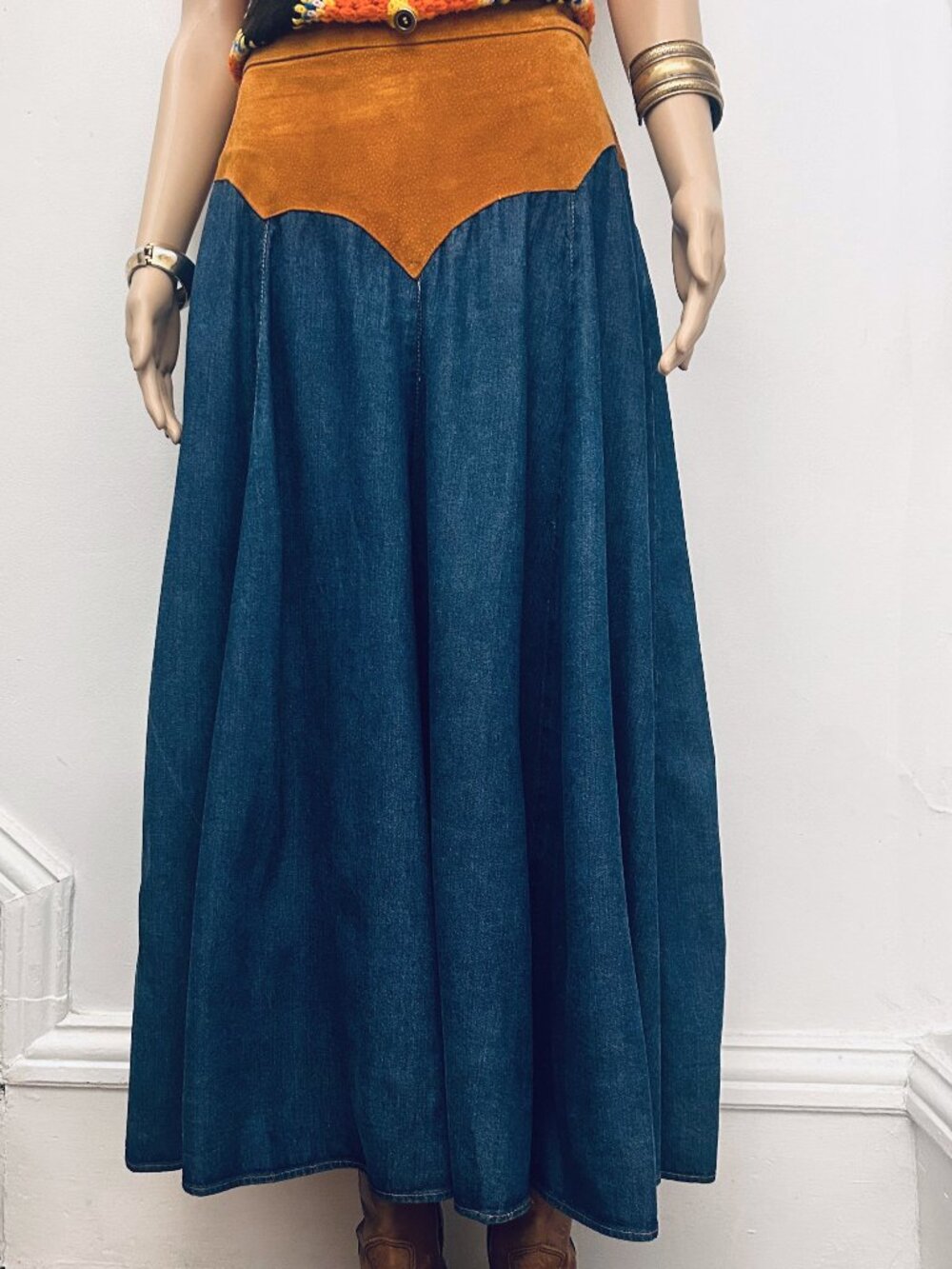 1970s Rare Vintage Frontier Sportswear Denim Maxi Skirt Suede Yoke Western Boho